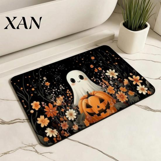 Festive Home Decor Rug Halloween Bath Mat, Pumpkin Ghost Bat Pattern Bathroom Rug, Soft Fluffy Mat Machine Washable Non-Slip Gothic Area for Entrance