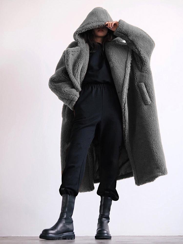 New Women's Winter Faux Fur Coat Long Lapel Hooded Plush Teddy Jacket Female Fluffy Thick Warm Plus Size Overcoat Outerwears