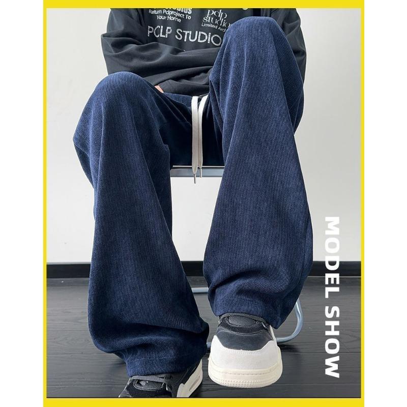 Autumn and Winter Velvet Thickened Solid Color Elastic High Waist Casual Men's Trendy Sports Loose Straight Trousers