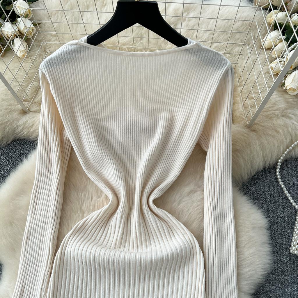 Autumn Winter Women V-neck Full Sleeve Casual Knitted Pullover Sweater Long Midi Dresses