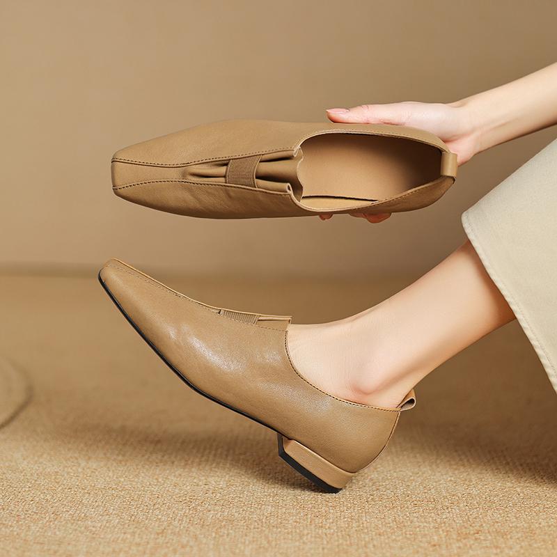 Fashion 2025 Spring New Soft Genuine Leather Women Heels Shoes Square Toe Comfortable Fashion Casual Low Heel Shoes Four Seasons Shoes