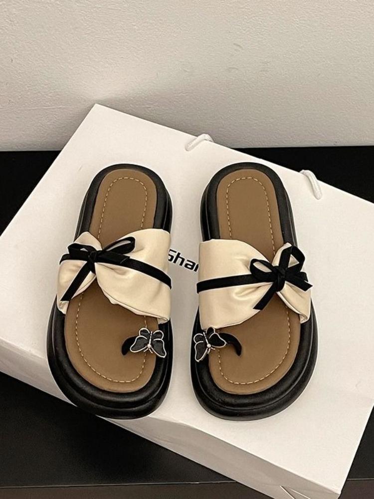 Sandals Black Shoes for Women on Beach Platform Slides Open Toe with Bow Woman Slippers Clappers Summer Footwear 2025 Trend Sale