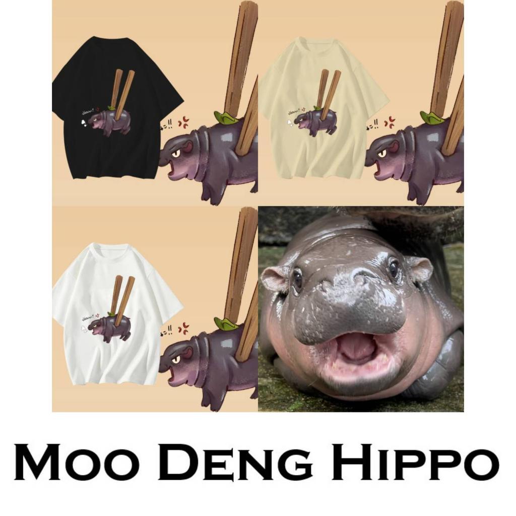 Moo Deng Tiny Baby Hippo Star Thailand Cute Pygmy Hippo Unisex Men Women Kid T-Shirt Print Short Sleeve Round Neck