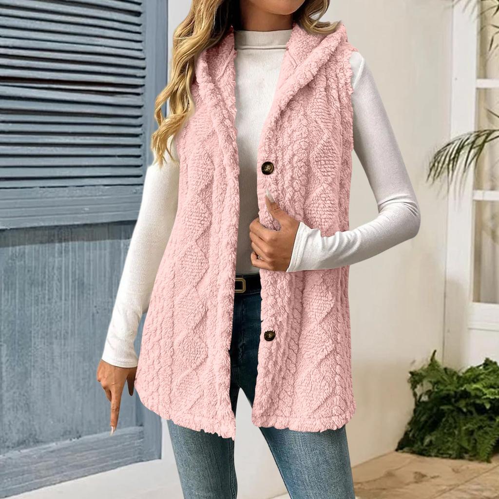 Women's Fashionable Solid Color Sleeveless Hooded Button Casual Plush Vest Jacket