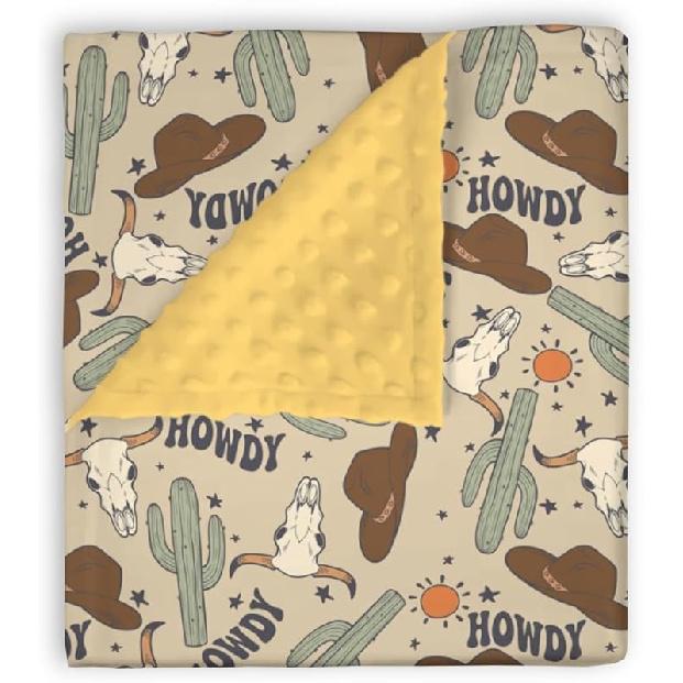 Mink Baby Boy Blanket Boho Western Howdy Cowboy Hat, Wild West Desert Cactus Sun Cow Soft Plush Double Layer Dotted Backing Receiving Swaddle, 30x40 In