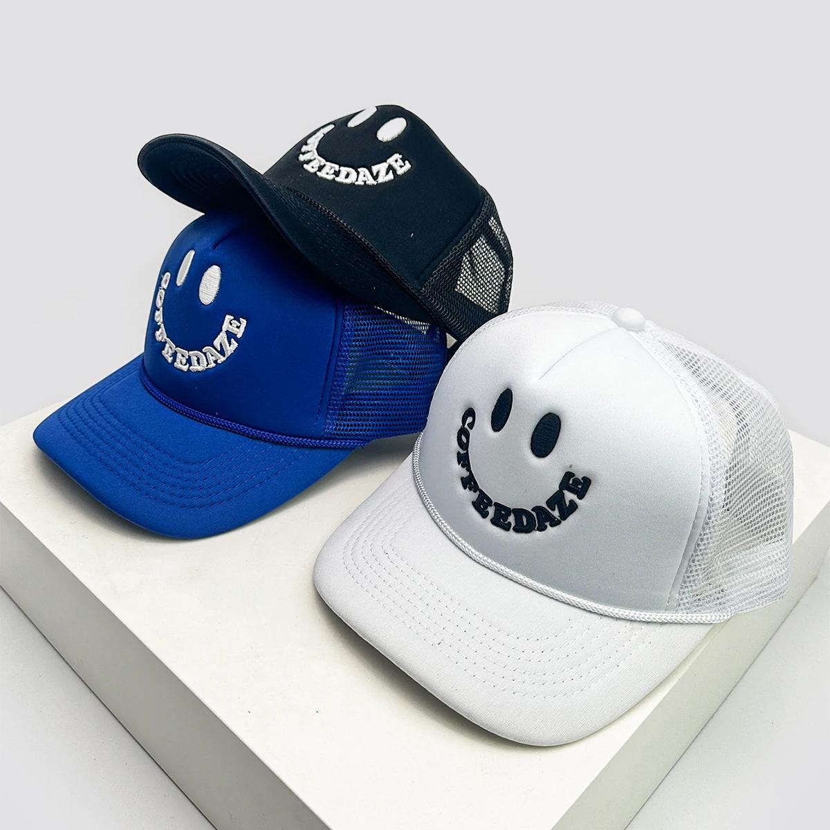 Freedom Outdoors Women's Dark Blue New Unisex Smiling Face Letter Embroidery Baseball Hats Sunshade American Style Breathable Hip Hop Trucker Caps Versatile Mesh 52-60Cm