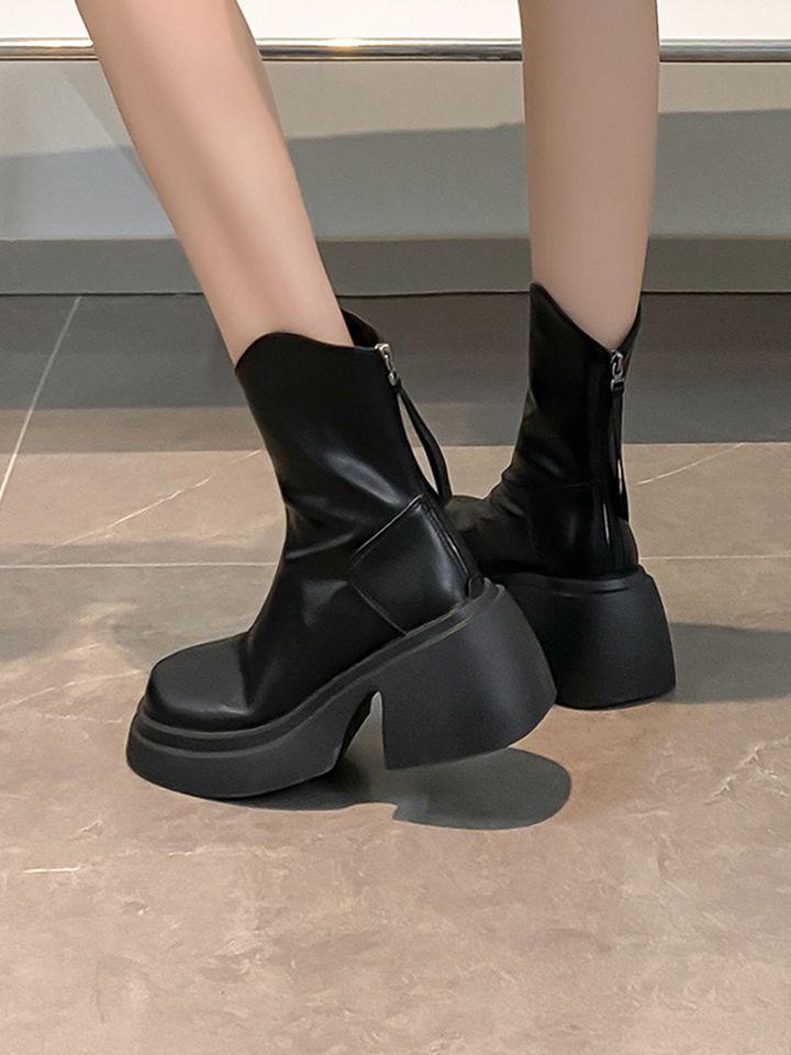 French Skinny Boots Women's Thick Heel Thick Sole Small Man Tall Rear Zipper Martin Boots V-mouth White Medium Short Boots