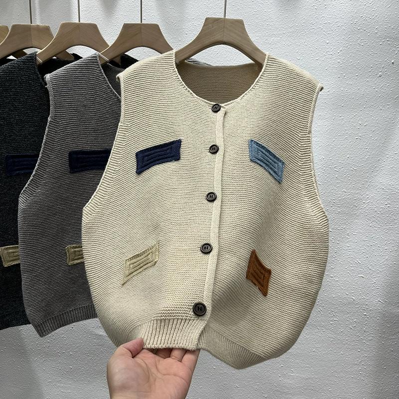 

DIMANAF 2025 Осень Женский Безрукавный Жилет на Пуговицах Вязаный Свитер в Стиле Пэчворк с Принтом Повседневный Свободный Свитер One Size