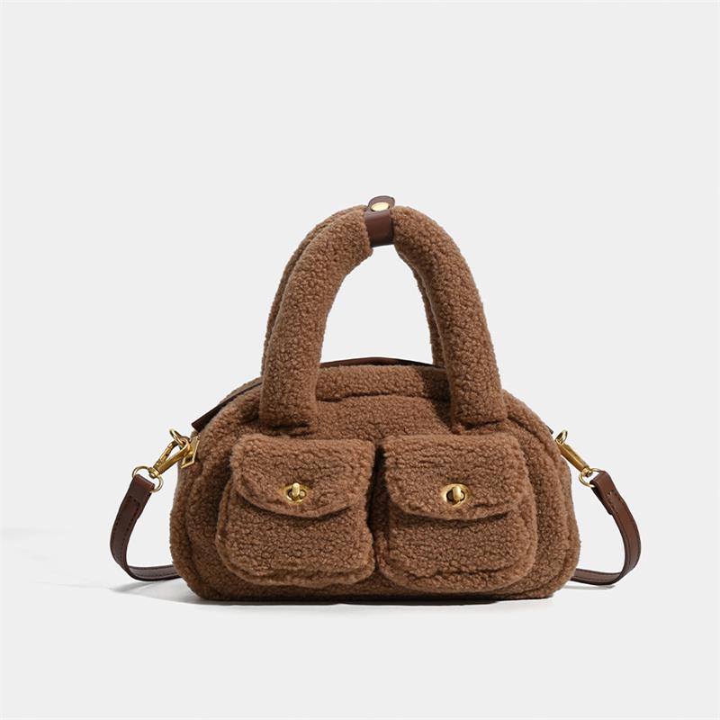 

Solid Color Fuzzy Shoulder Bag For Women Winter Plush Bost Handbag With Double Pocket Design Fashi Bowling Lady Furry Purse 27x14x19cm хакі
