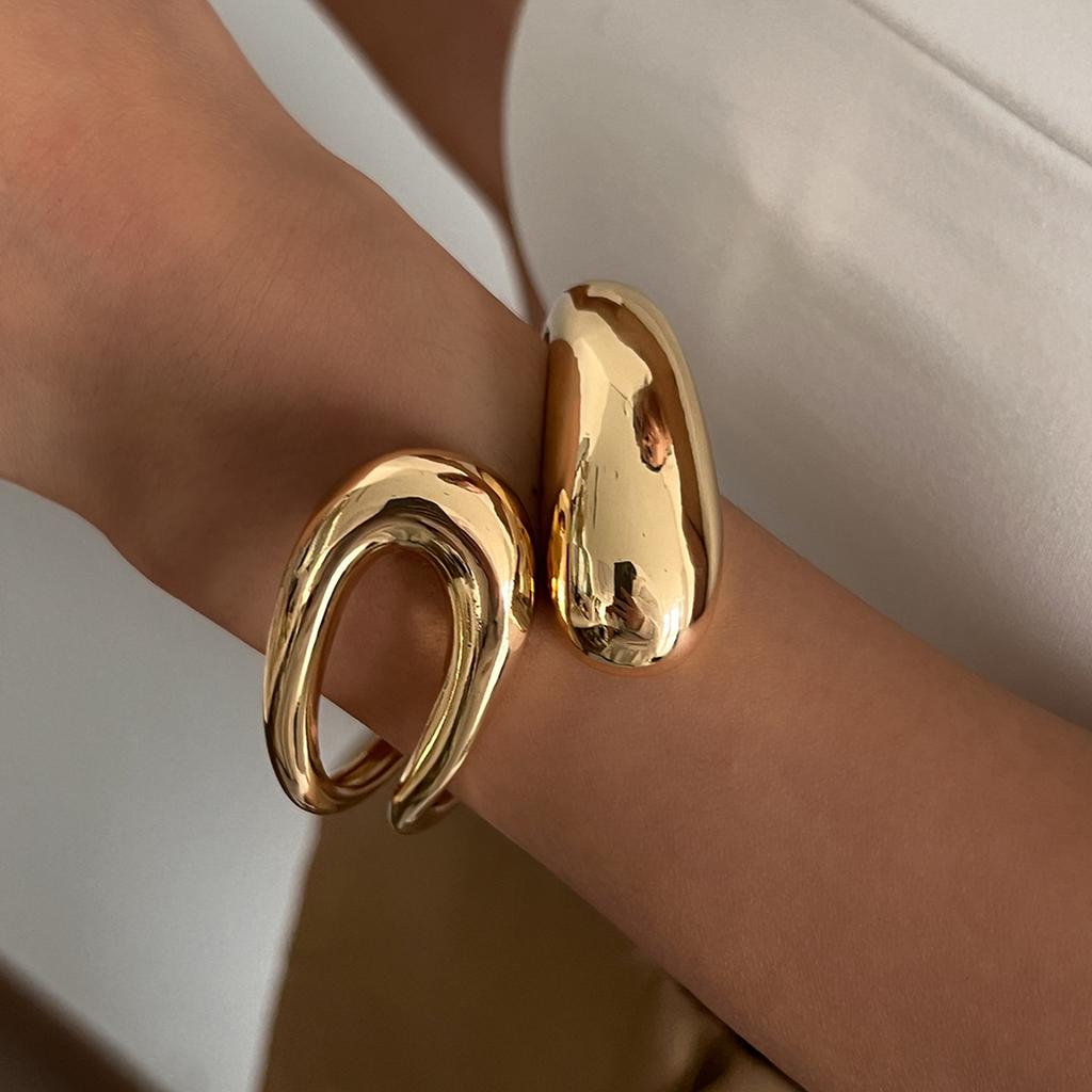 Ingemark 3 Styles Hip Hop Geometric Snake Shaped Open Bangles Women Trendy Smooth Gold Color Wide Spring Bracelets Men Jewelry