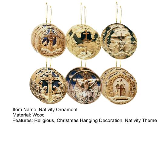12 Pcs Nativity Scene Ornament Round Wooden Birth of Jesus Christian Keepsake Religious Hanging Pendant for Christmas Home Car Decor