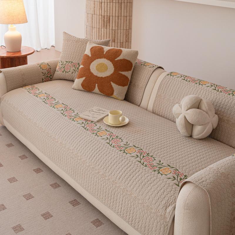 Washed Cotton Embroidered Couch Cushions Fixed Anti-slip Particles Sofa Cover Straight Three Person Fabric Sofa Leather Couch Quilted Protective Pad