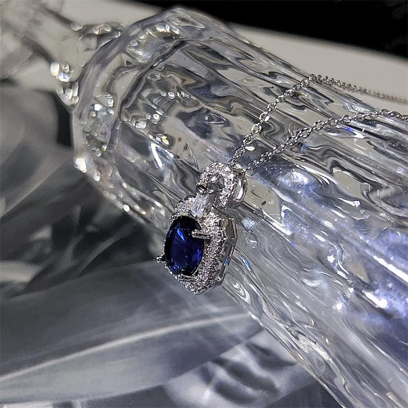 Royal Blue Sapphire Diamond Necklace with Elegant Lock Clavicle Chain