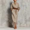 2026 European and American Striped Stand-up Collar Shirt Long Skirt Fringed Hem Holiday Style Straight Women's Dress