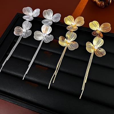 1Pair Exaggerated Unique Metal Flower Tassel Long Drop Earrings for Women Girls Personalized Earrings Daily Accessories Gifts