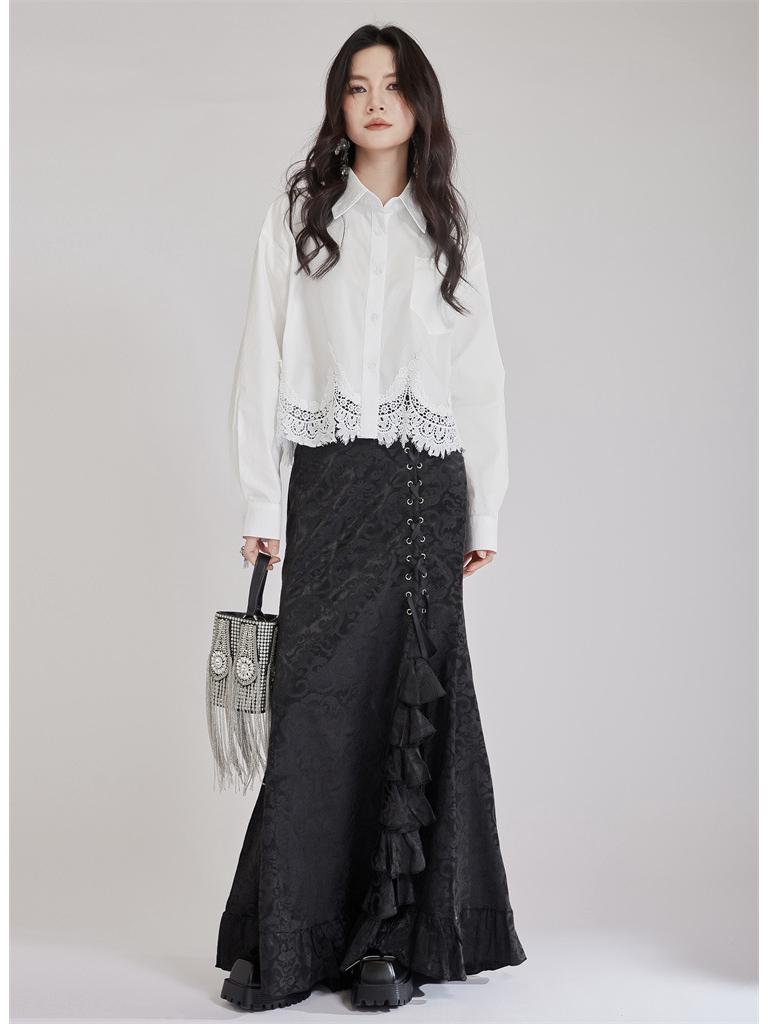 2025 Gothic Victorian Jacquard Fishtail Skirt with Lace-Up Detail