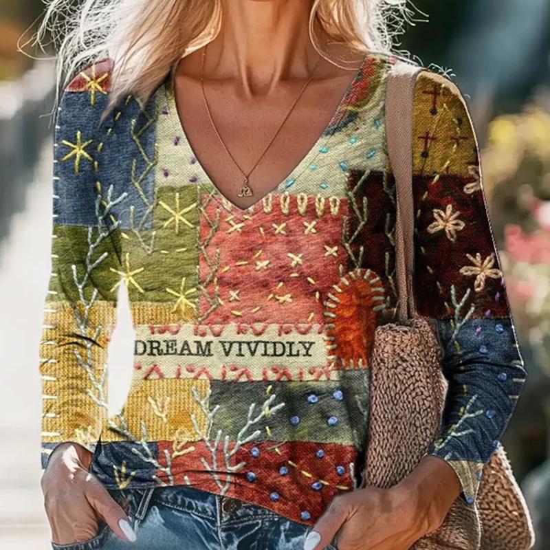 Ladies Spring Autumn Long Sleeve V Neck Loose Printed Pullover T Shirt Blouse Top