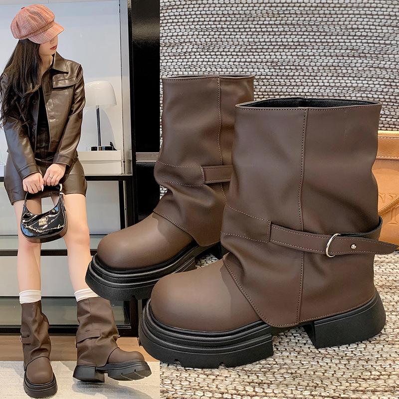 Brown platform Martin boots women's 2025 new spring and autumn heightening trouser boots British style Maillard short boots