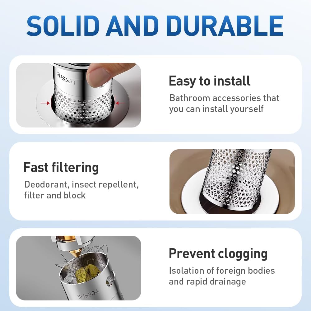 2025 Upgraded Bathroom Sink Stopper Hair Catcher, Stainless Steel Floor Drain Strainer, Pop-Up Sink Drain Strainer with Removable Strainer Basket,