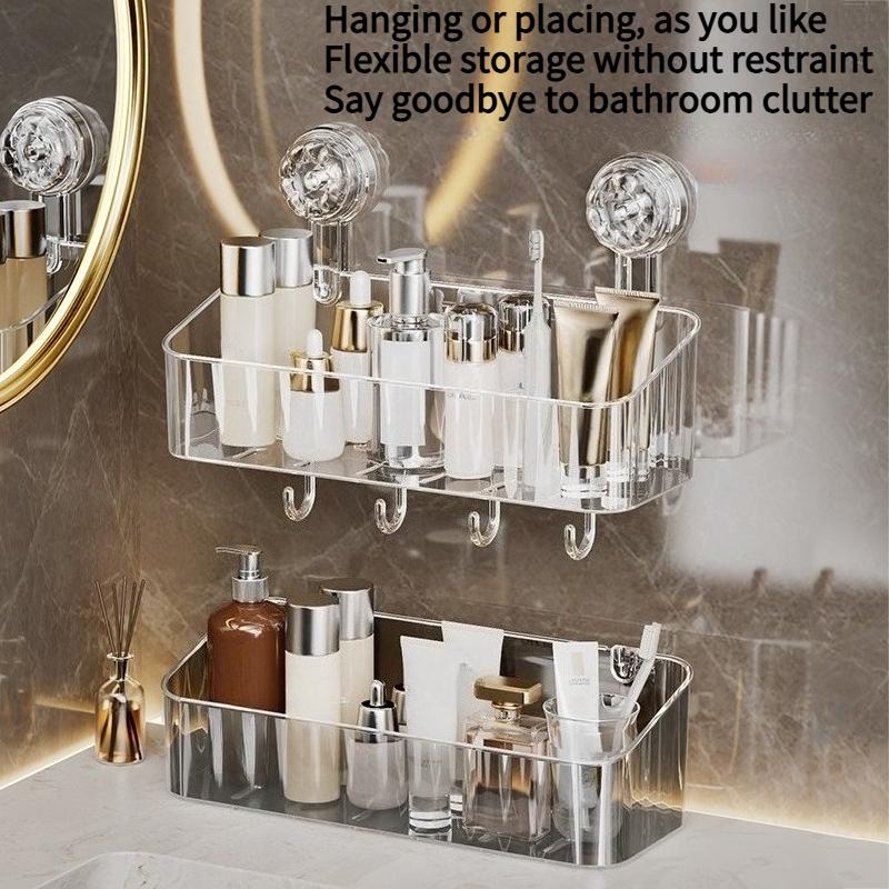1PC Suction Cup Non-punching Rack Toilet Bathroom Wall-mounted with Hook Storage Rack Toiletries Storage Box