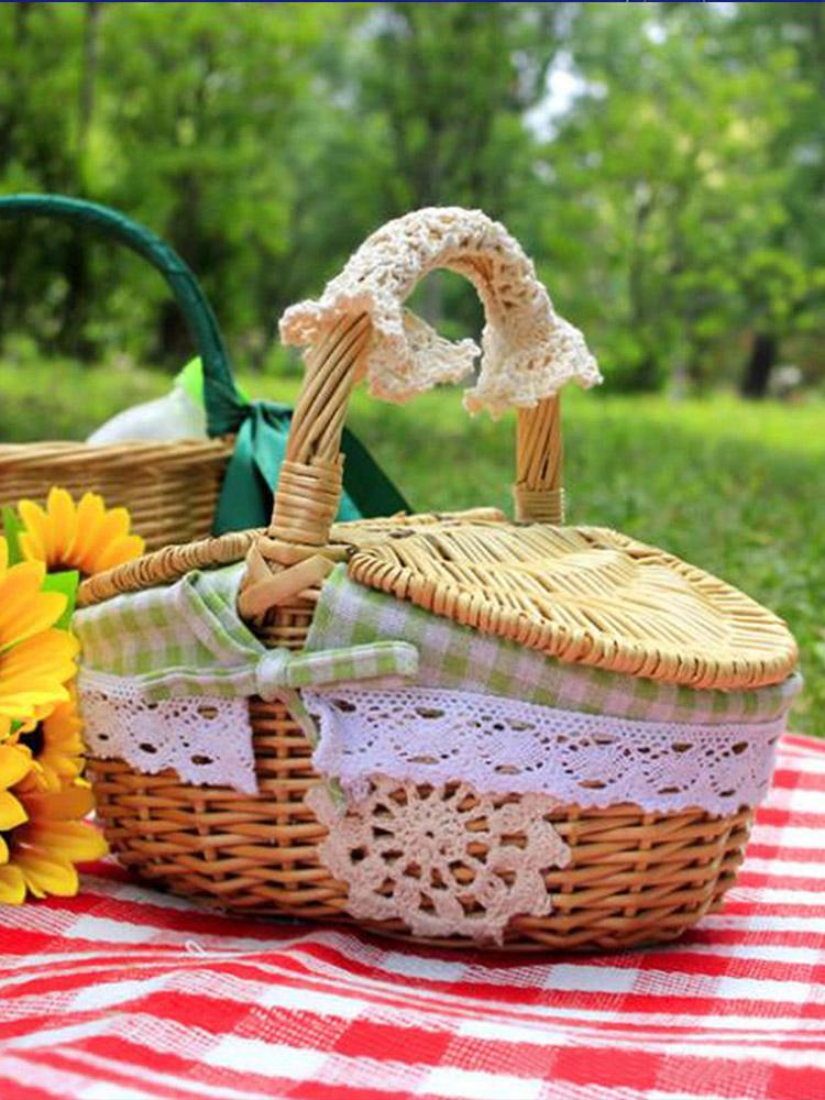 Rattan Food Basket Blue Humanized Cover Design Strong Durable Picnic Storage Basket