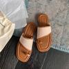 Sheepskin version casual summer square head toe straw splicing flat-bottomed slippers women's genuine leather one-and-a-half slippers cool slippers