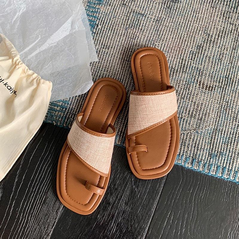 Sheepskin version casual summer square head toe straw splicing flat-bottomed slippers women's genuine leather one-and-a-half slippers cool slippers