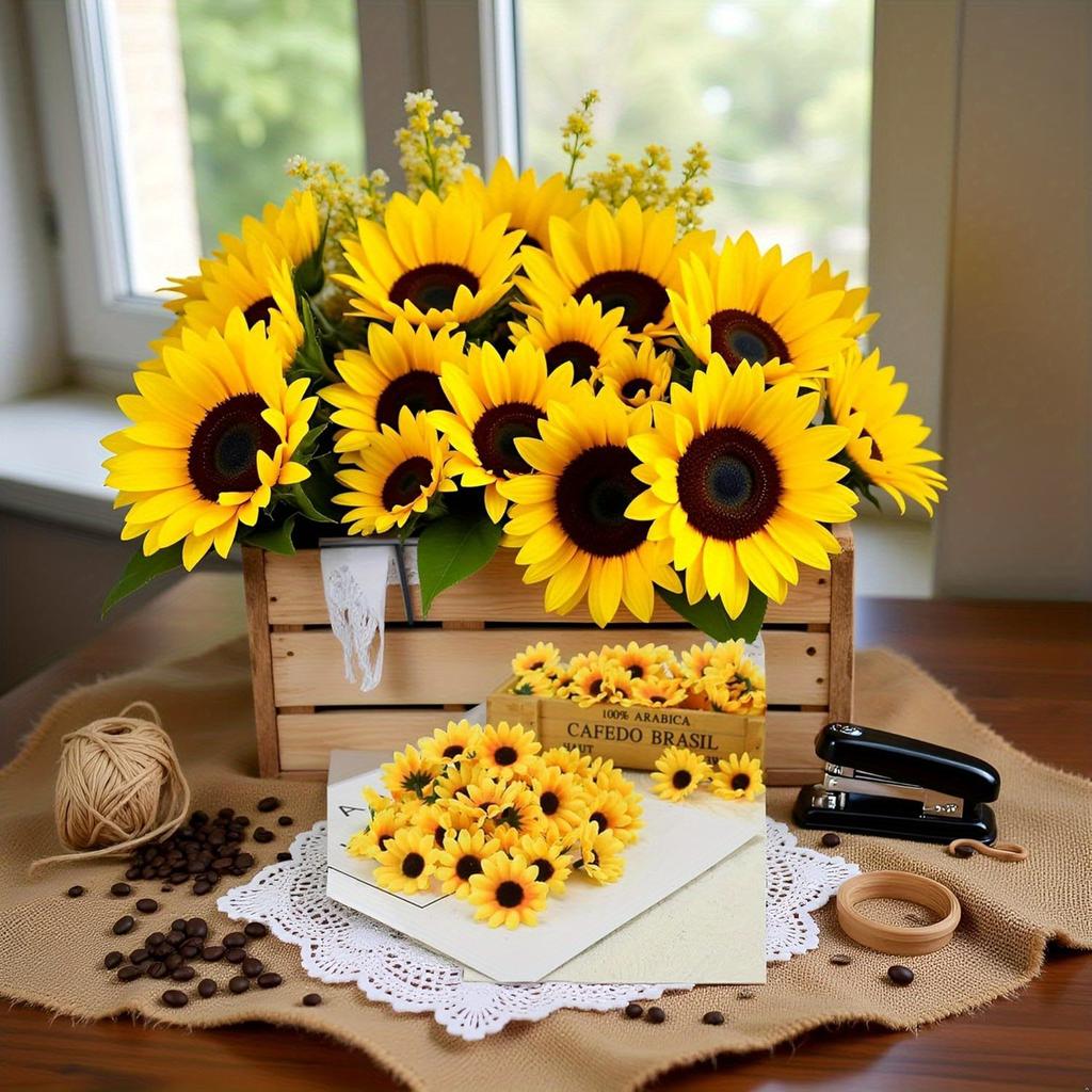 200 Pcs Yellow Artificial Flower Heads Mini Fake Sunflower Craft Floral Embellishments for Wreaths Wedding Home Decor