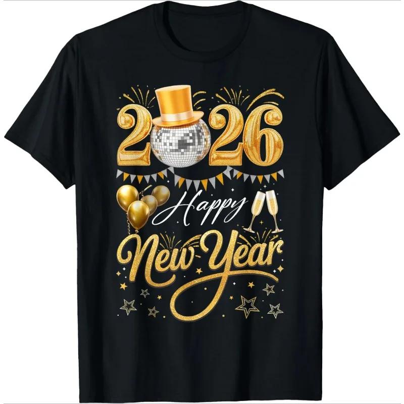 New Black 2026 New Year T-Shirt Gold Disco Ball Hat Champagne Glasses Letter Print Women's Short-Sleeved Loose-Fit Crew Neck Top