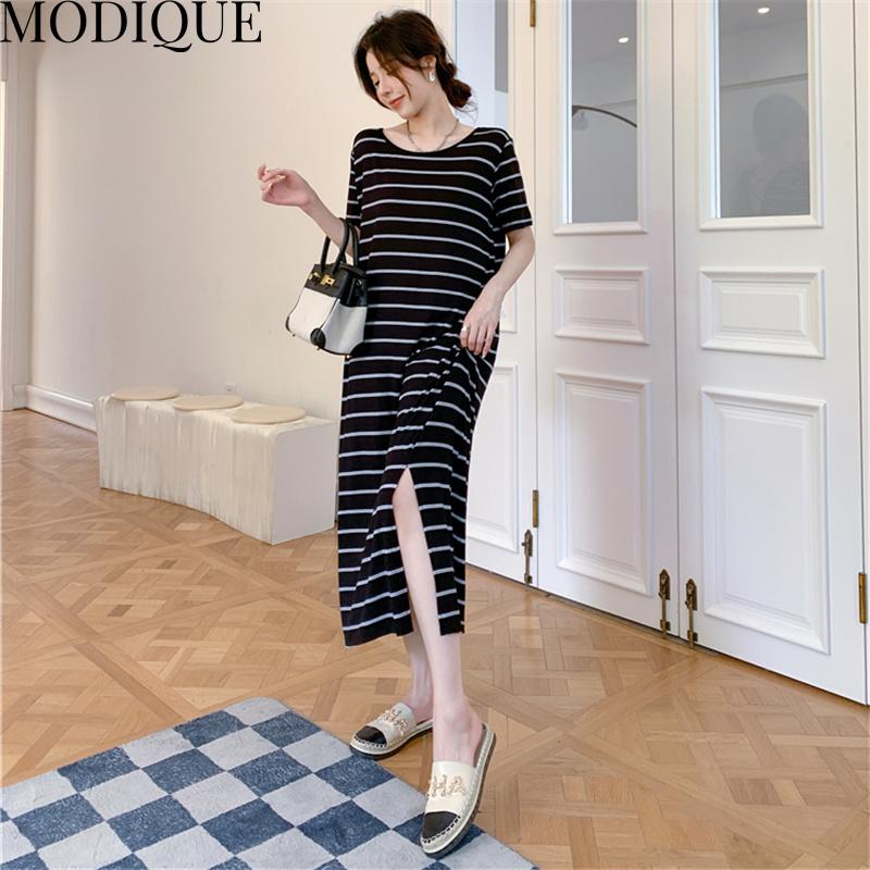 MODIQUE Summer Plus Size New Dress Shirt Women Loose Striped Solid Cotton Linen Backless Dress Casual Female Dresses O-Neck Short Sleeve