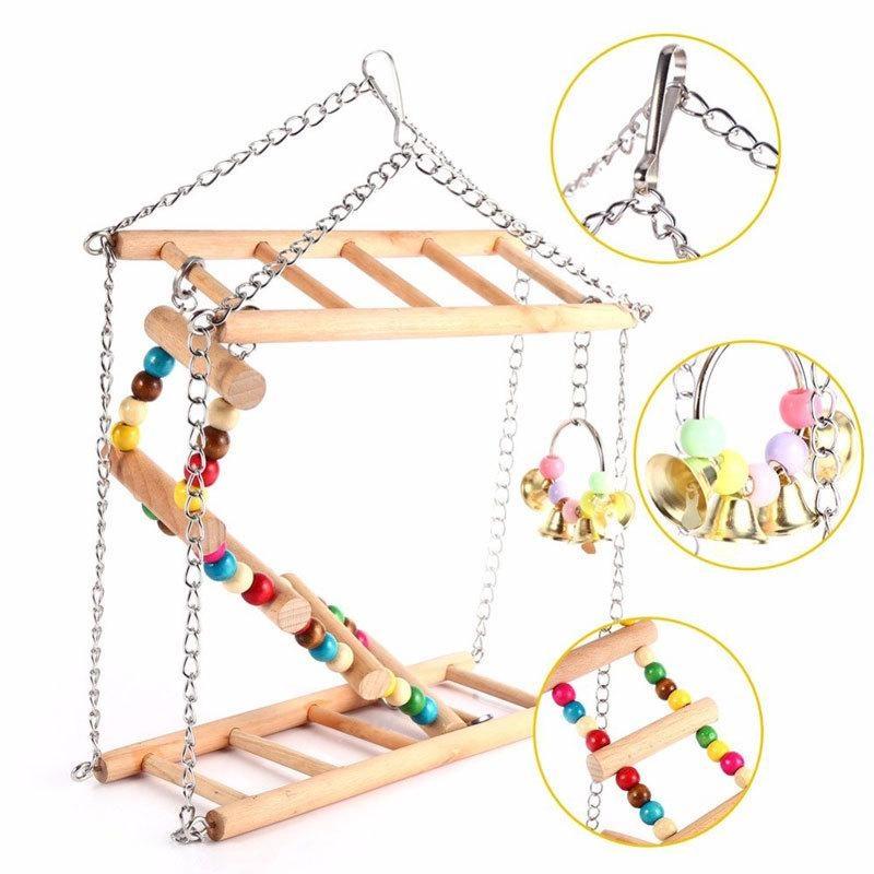 Wooden Parrot Bird Hanging Ladder Swing Bridge Climb Pet Chewing Toy Bells for Small Parrots Parakeets Cockatiels