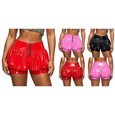 Mädchen Glänzende Leder Puffy Shorts Reißverschluss Vorne Raffung Hoher Bund Hotpants für Musikfestival Rave Party Bühnenshow