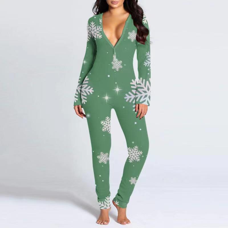 2023 Europäischer & Amerikanischer Weihnachten Langarm Knopfleiste Bedruckter Erwachsenen Jumpsuit
