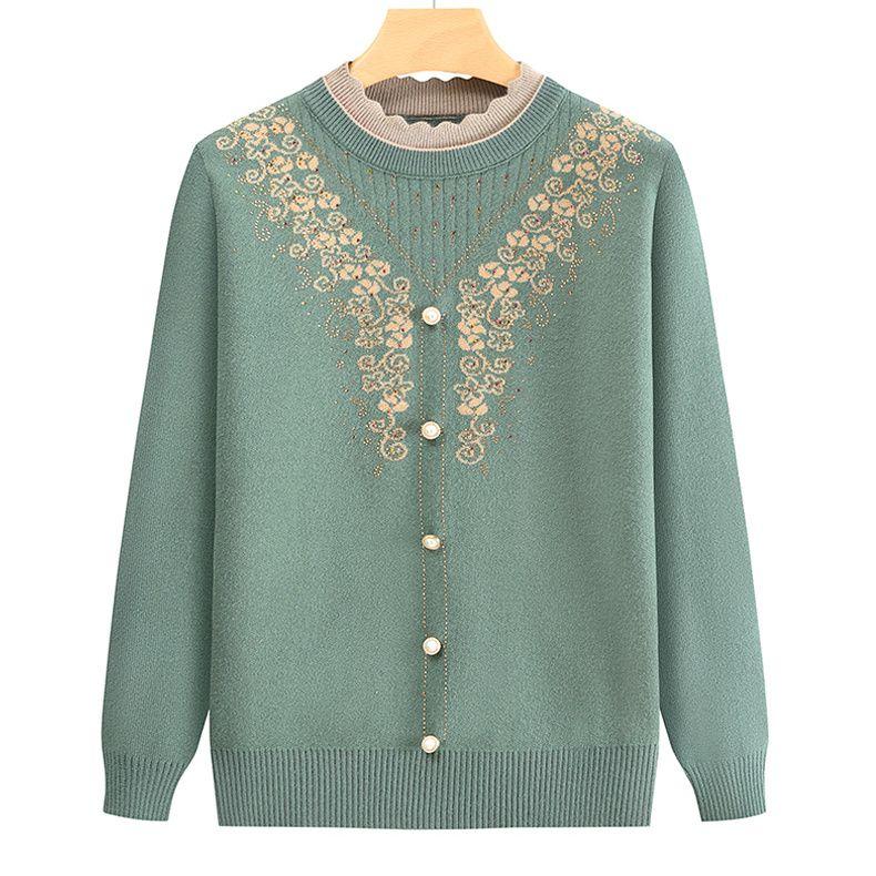 Women's Round Neck Printed Sweater Autumn Winter Rhinestone Plus Size Pullover Knitwear Loose Knit Top