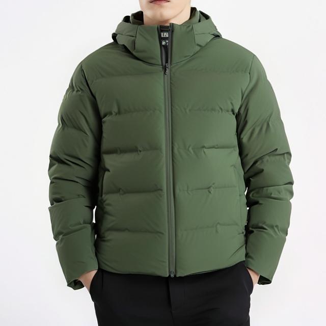 UNIQLO Solid Color Zipper Hooded Straight Down Jacket Men outerwear Dark-Olive 442147-57