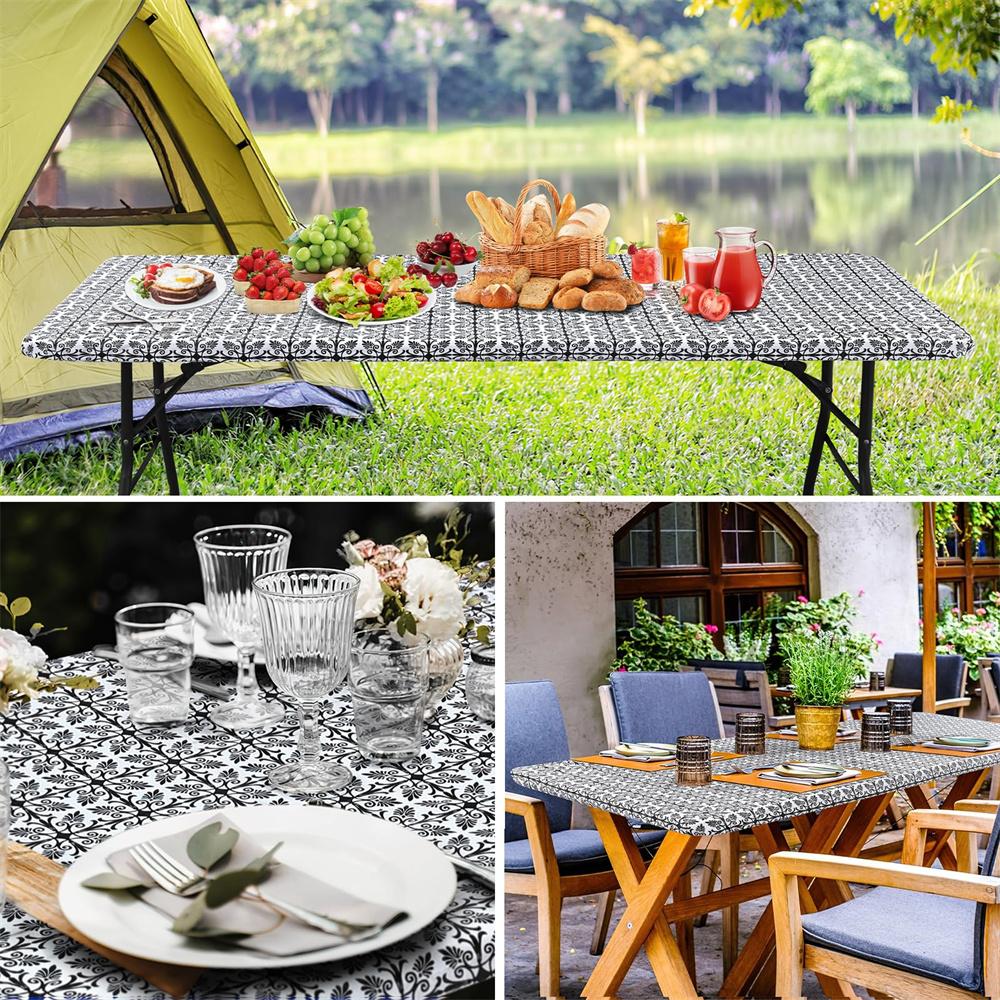 Olanly Rectangle Vinyl Table Cloth Elastic Fitted Tablecloth Waterproof Plastic Table Covers Fold Tables Picnic Camping Outdoor
