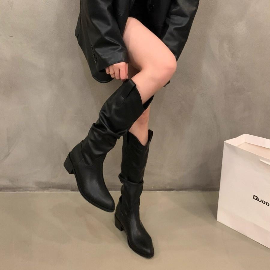 Vintage Brown V-mouth Stack Medium Tube Boots Women's Shoes 2025 Spring and Autumn Winter Pointed Western Cowboy Boots