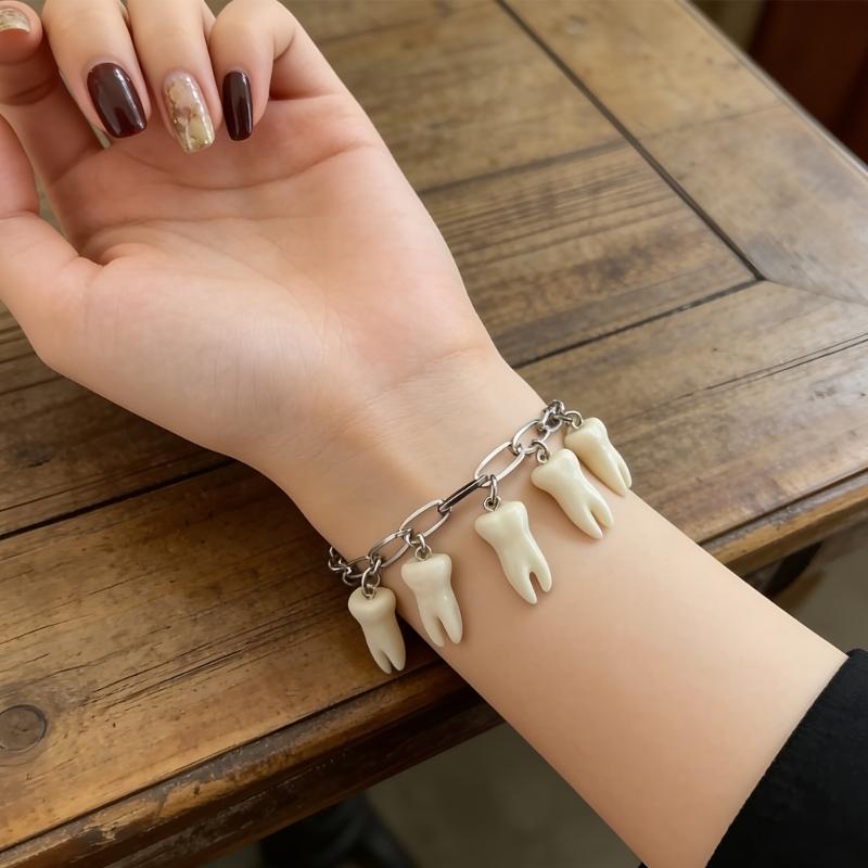 Trendy Gothic Style Hand Chain Ti Steel Bracelet Wrist Chain With Resin Teeth Pendant Perfect For Daily Wear