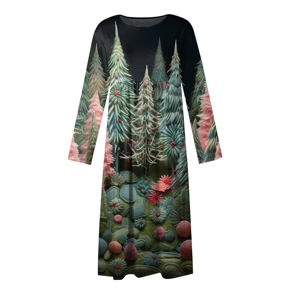 Women's Casual Crew-neck Christmas Print Mid-length Dress Long-sleeved Dress With Pocket