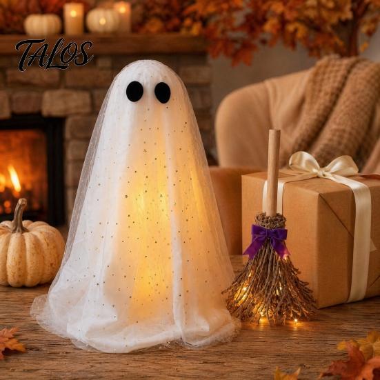 Adjustable Tripod Ghost Stand Halloween Decoration with Broom, Spooky Sequins Mesh White Ghost, Cute Reusable Figure Standing for Party, Home, Table,