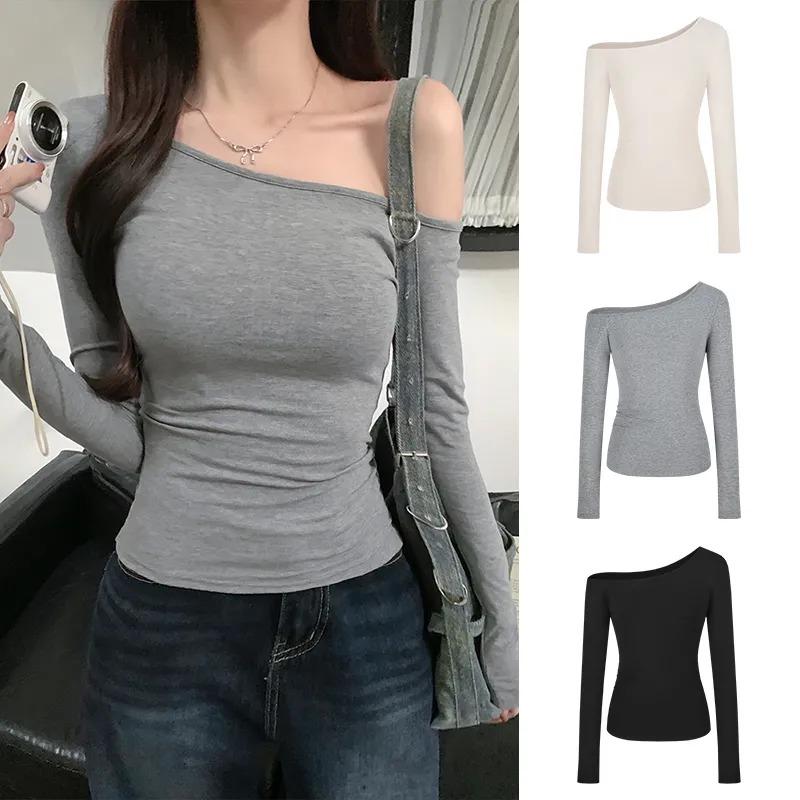 Женский осенний черный асимметричный топ с длинным рукавом, облегающая футболка с драпировкой S