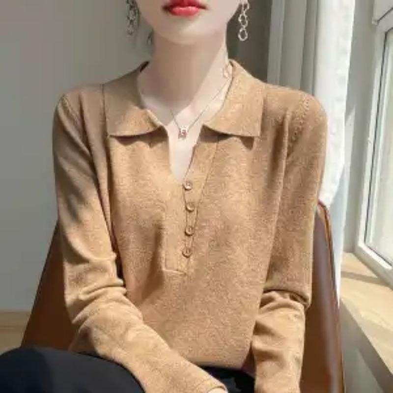 POLO Collar Knitted Cardigan Women's Spring Autumn and Winter New Long-sleeved Tops Versatile Fashionable Sweater Base