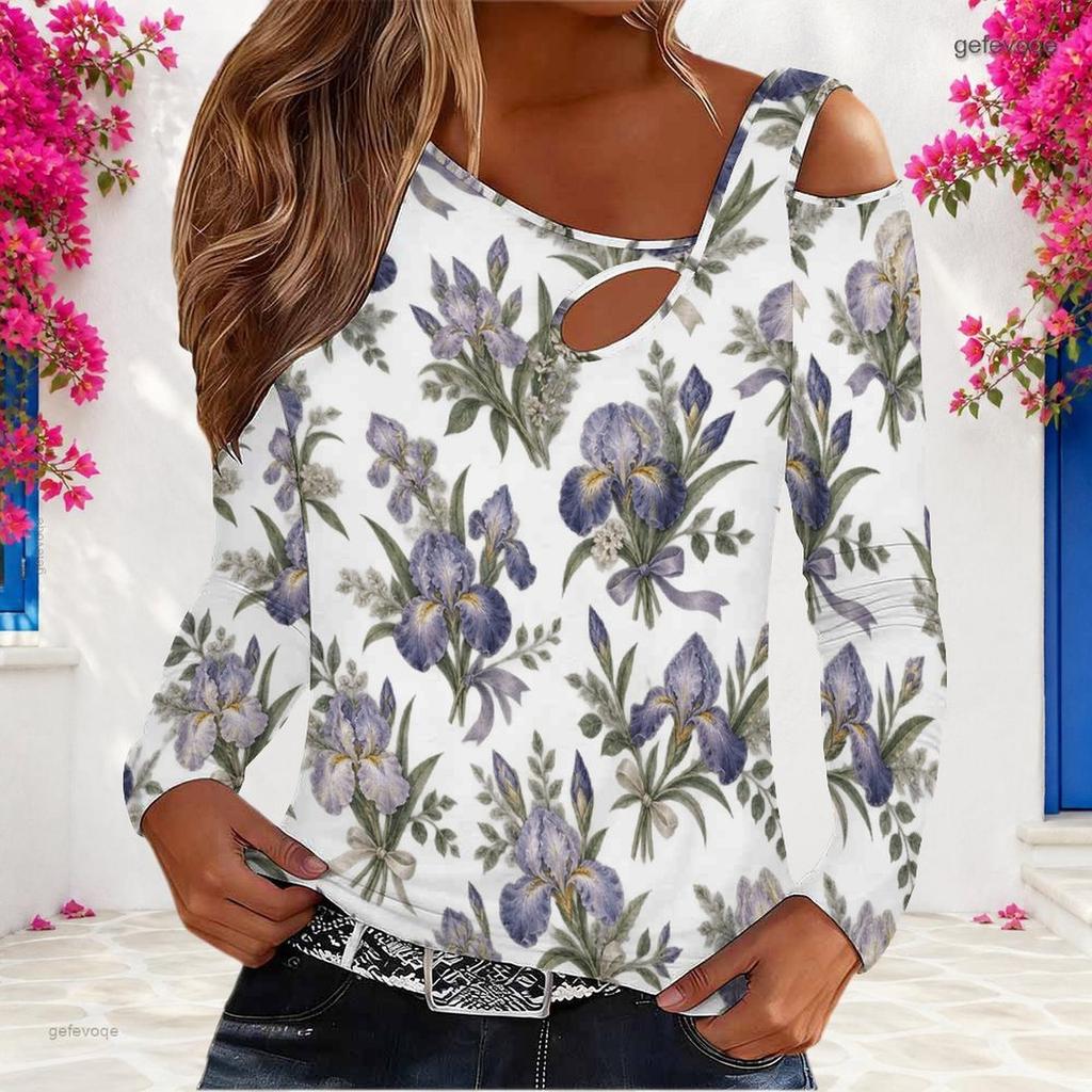 Women Plus Size White Floral Printed Asymmetric Cutout Neck Cold Shoulder Long Sleeve Fitted Top