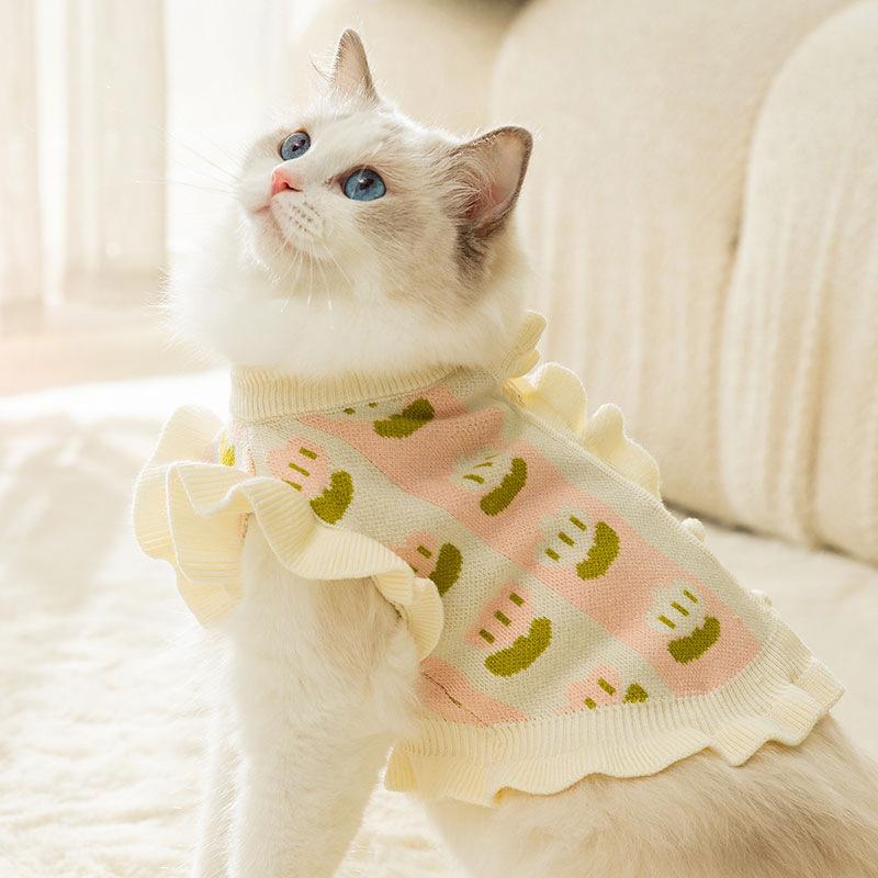 Cat Clothing Autumn and Winter Princess Style Flowers Fungus Edge Flying Sleeves Sweater Dog Two-legged Knitted Sweater Pet Clothes