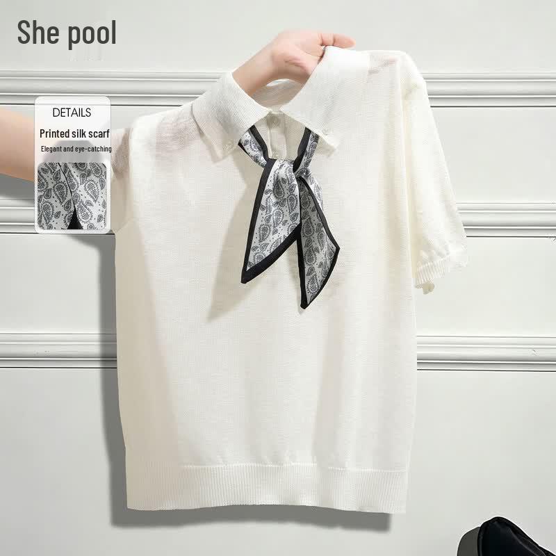Women s Polo Collar Short Sleeve Knit T-Shirt One Size