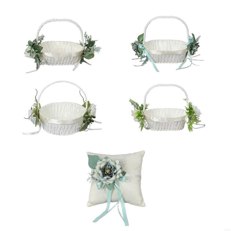 Western Wedding Flowers Basket Small Rattans Woven Basket with Handle for Bride X3UC