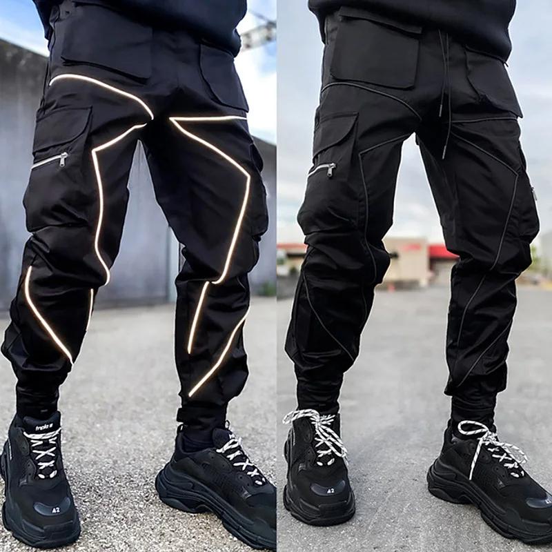 2024 Four Seasons Men's Fitness Outdoor Jogging Cotton Casual Pants Reflective Decorative Sports Pants Hip Hop Rope Overalls