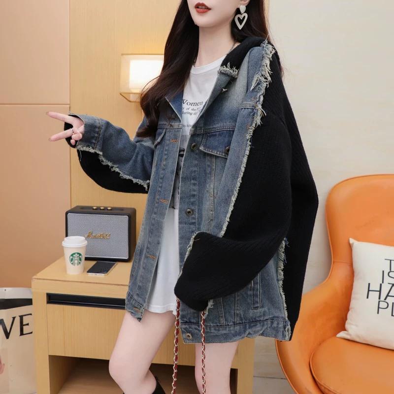 DIMANAF 2025 Winter New Jacket Women Sweaters Denim Coat Patchwork Wadded Cardigan Knitting Pockets Sweater