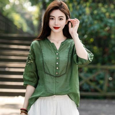 Summer Cotton Linen Retro Art Retro Embroidery Small V-neck Embroidered Sleeves Cotton Shirt Pullover Top Shirts