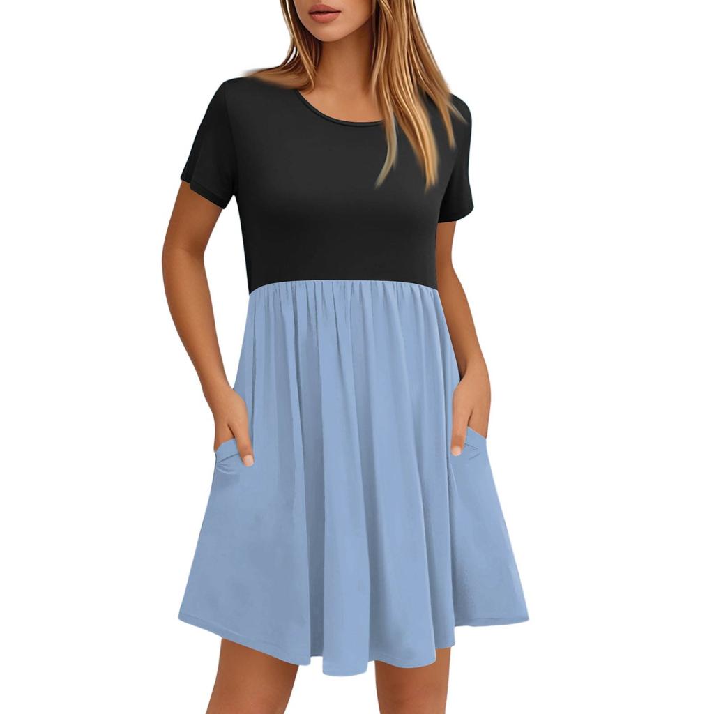 Women's Fashion Casual Loose Round Neck Short Sleeve Colour Block Pocket Dresses